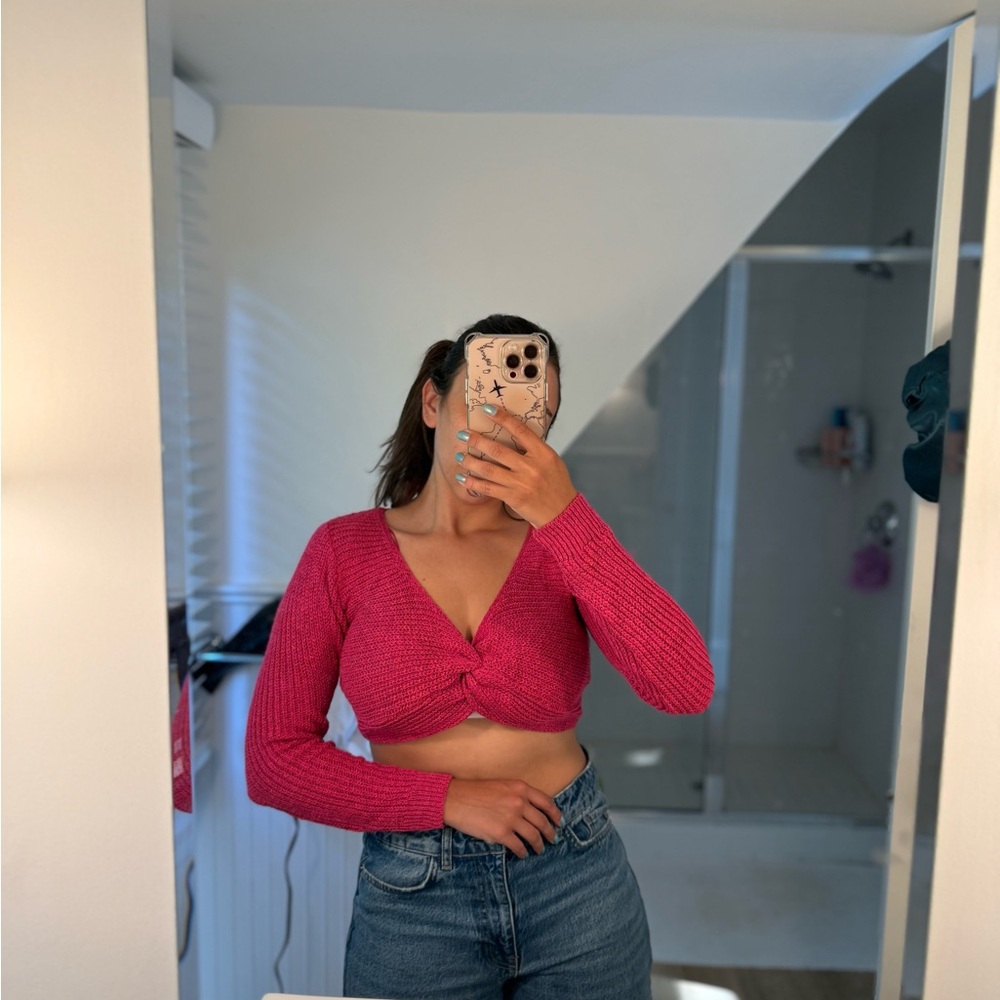 Pink Ribbed Crop Top with Tie Front - Picture 4 of 4